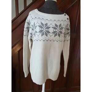Woolrich White & Gray Nordic Snowflake Sweater Womens M Button Shoulder Knit